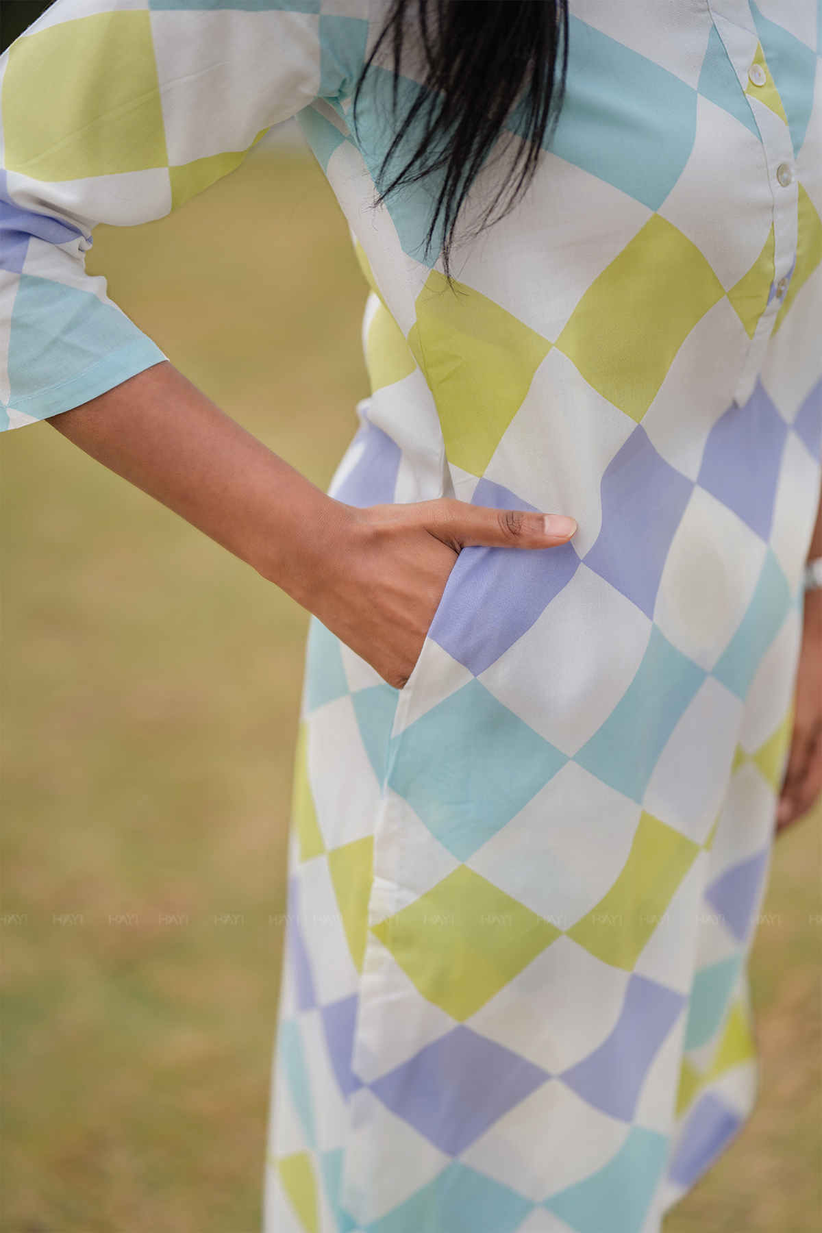 Pastel Patch Off-White Viscose Co-ord with Chinese Collar & 3/4th Sleeves