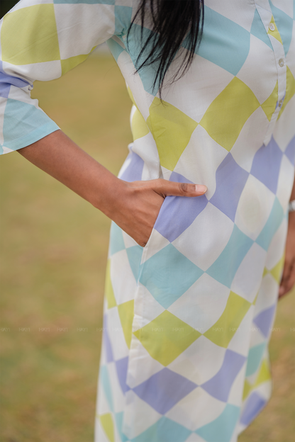 Pastel Patch Off-White Viscose Co-ord with Chinese Collar & 3/4th Sleeves