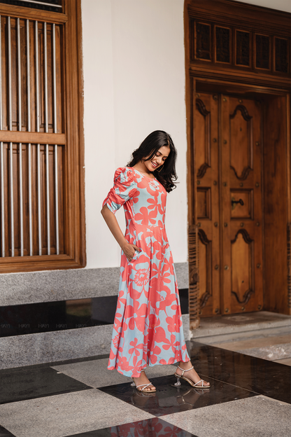 Coral Petal Blue Viscose Dress with Boat Neck & Ruched Sleeves