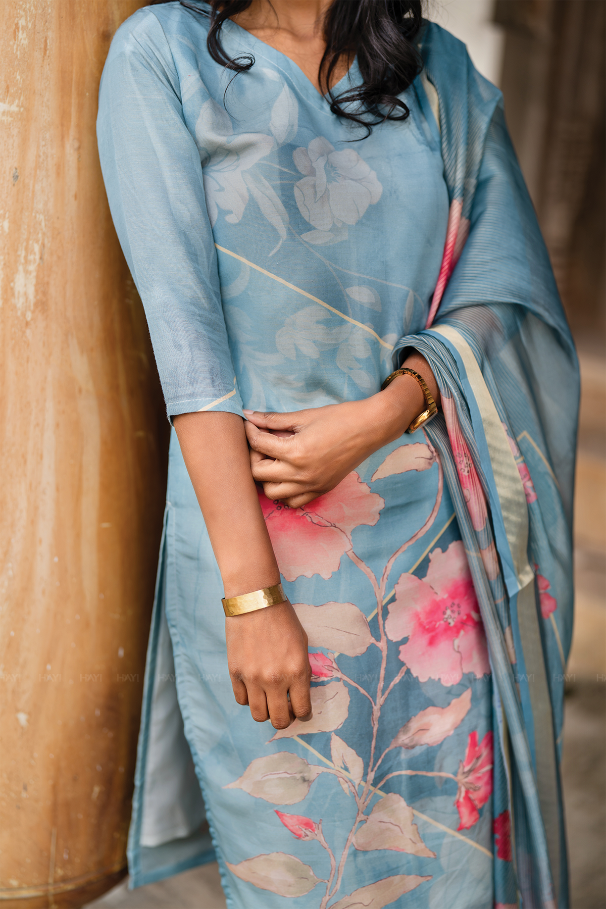 Blush Horizon Blue 3 Piece Shimmer Tissue Blend Floral Placement Print Kurta with Pant & Dupatta