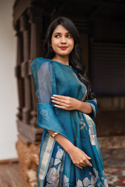 Lagoon Petals 3 Piece Peacock Blue Organza Printed Kurta with Pant & Dupatta