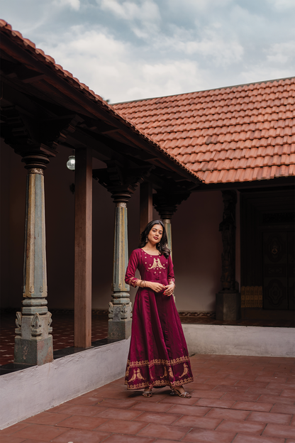 Birdveil Plum Viscose Placement Print Embroidered Anarkali with Round Neck & 3/4th Sleeves