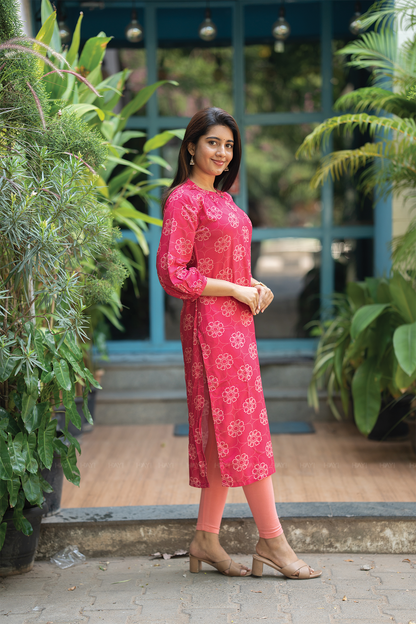 Mystic Berry Majenta Viscose Kurta with Neck Band & light Gathered Sleeves