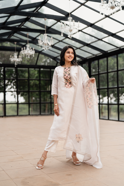 Lavira petal Off-White 3 Piece Silk Blend Embroidery Kurta with Pant & Dupatta