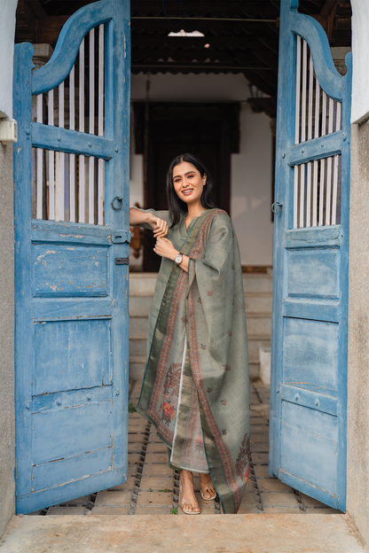 Mirga Green 3 Piece Linen Blend Printed Kurta with Pant & Dupatta
