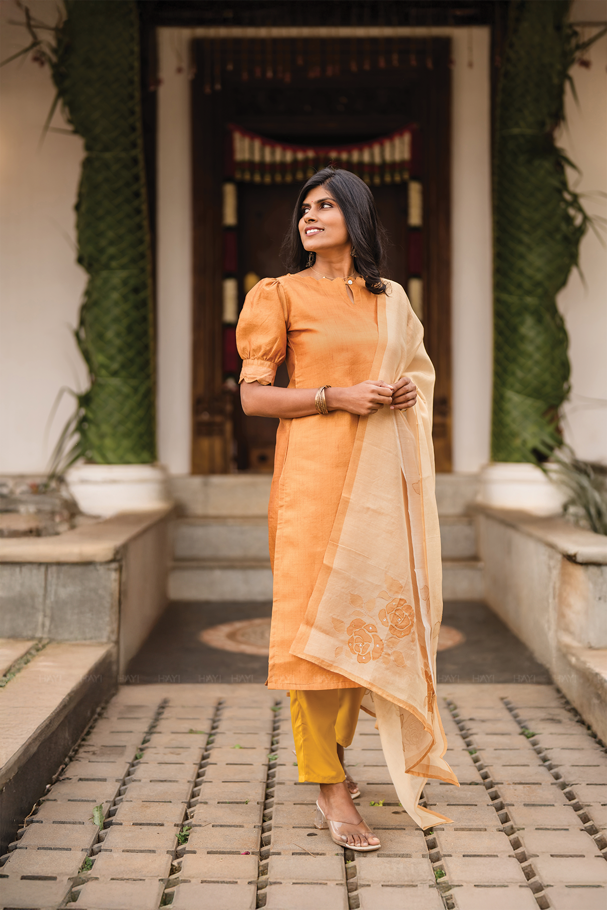 Aurel Yellow 3 Piece Tussar Silk Blend Printed Kurta with Pant & Dupatta