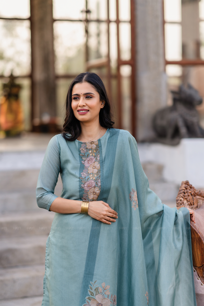 Rustic Charm Green 3 Piece Shimmer Tissue Blend Embroidered & Printed Kurta with Pant & Dupatta