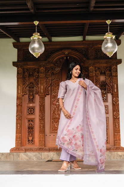 Lilac Blossom 3 Piece Crush Silk Blend Hand-Embroidered Kurta with Pant & Dupatta