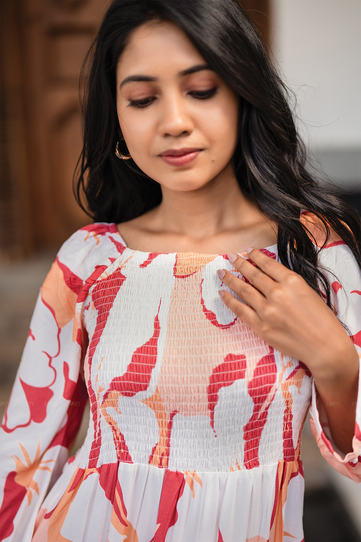 Sweet Sunset Beige Viscose Dress with Square Neckline & 3/4 Sleeves with Gathered Cuffs