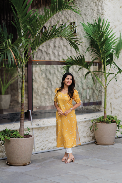 Lemon Pop Yellow Viscose Kurti with Sweetheart Neck & Ruched Sleeves