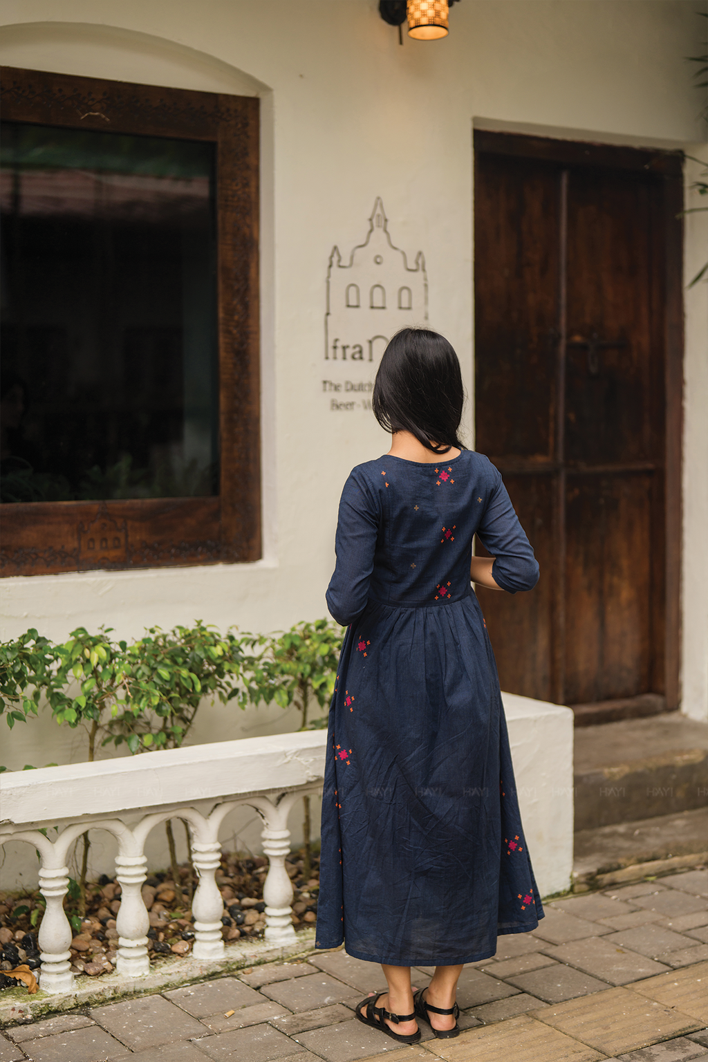 Smoke wood Blue Handloom Dress with V-Neck & 3/4th Sleeves