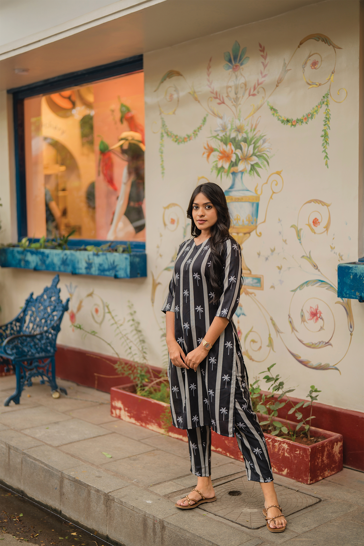 Ashen Black with Palm Serenity printed Linen Blend Co ords