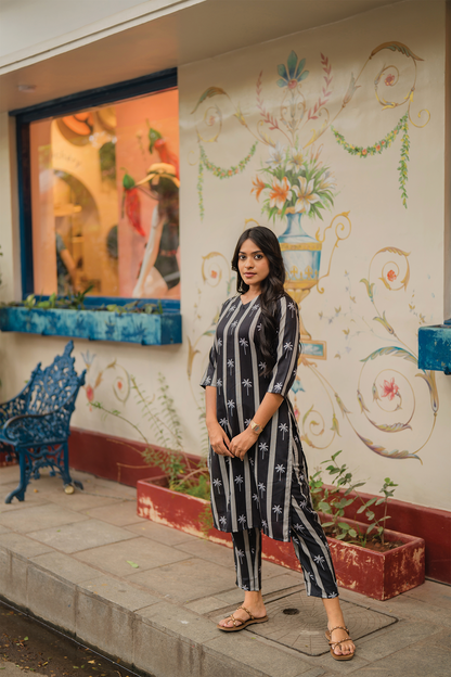 Ashen Black with Palm Serenity printed Linen Blend Co ords