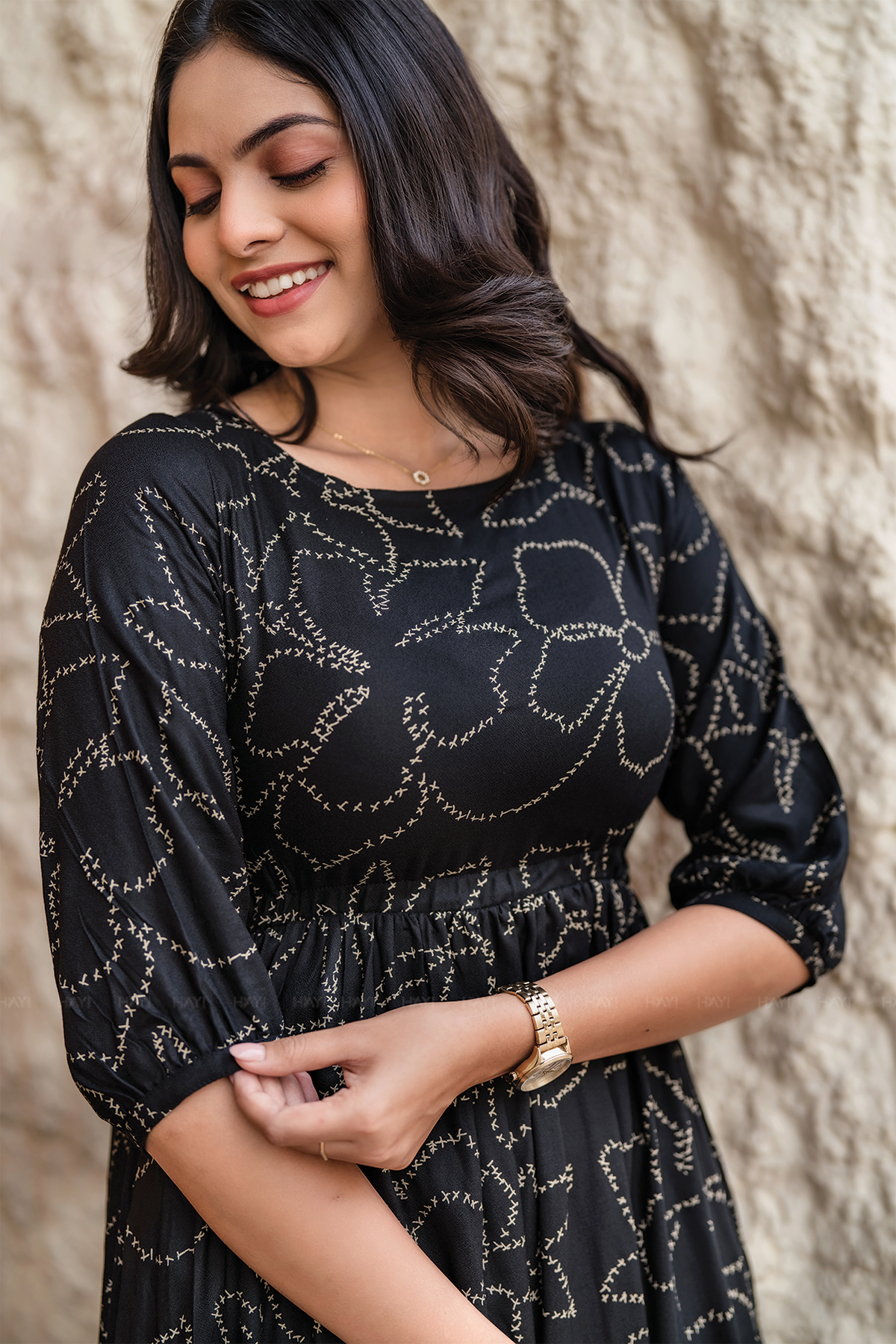 Dusklure Black Viscose Dress with Boat Neck & 3/4th Sleeves