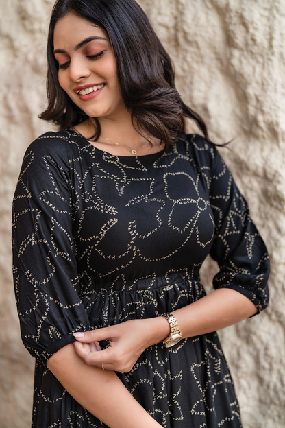Dusklure Black Viscose Dress with Boat Neck & 3/4th Sleeves
