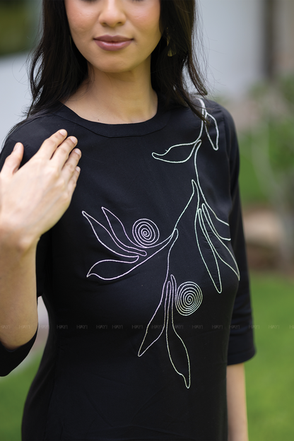 Dusk Noir Black Viscose Kurti with Closed Neck & 3/4th Sleeves