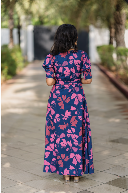 Berry Noir Blue Viscose Dress with Puff Sleeves & Belt