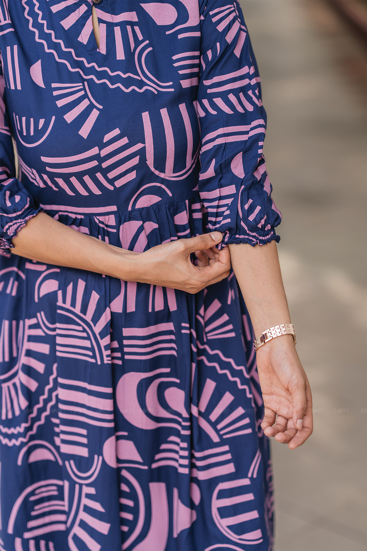 Geometric Whispers Blue Viscose Dress with Keyhole