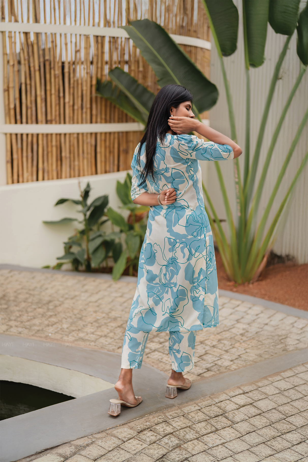 Cloudwave Beige Viscose Co-ord with V-Neckline & Light Gathers with Elbow Sleeves