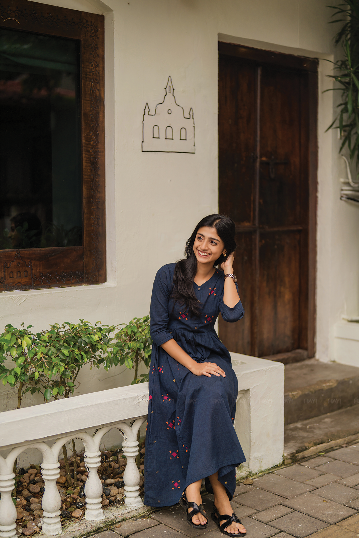 Smoke wood Blue Handloom Dress with V-Neck & 3/4th Sleeves