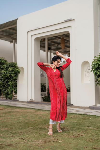 Red Muse Viscose A-line Dress with V-Neck & 3/4th Sleeves