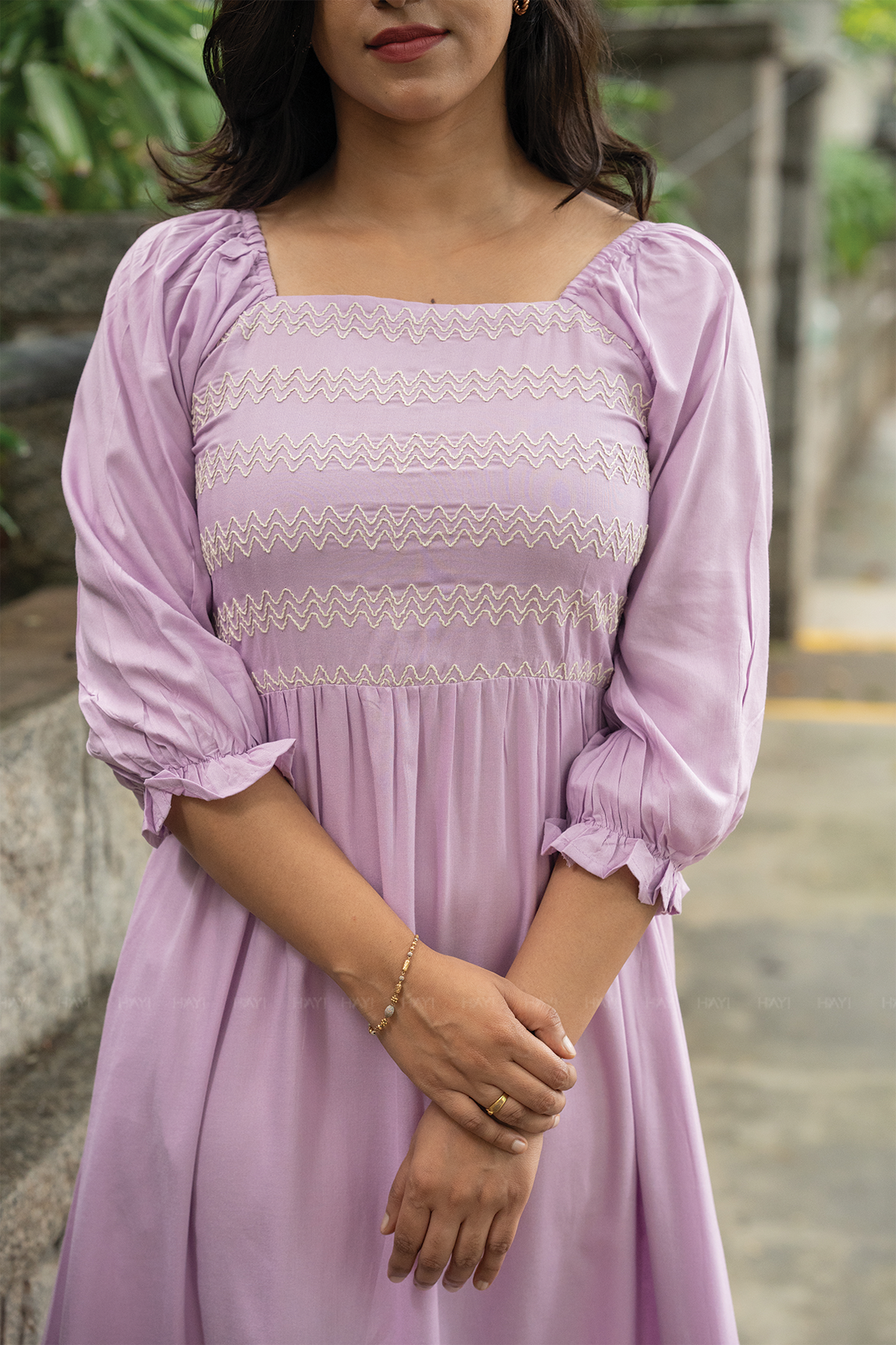 Lavender Fantasy Viscose Dress with Shoulder Elastic & Embroidery