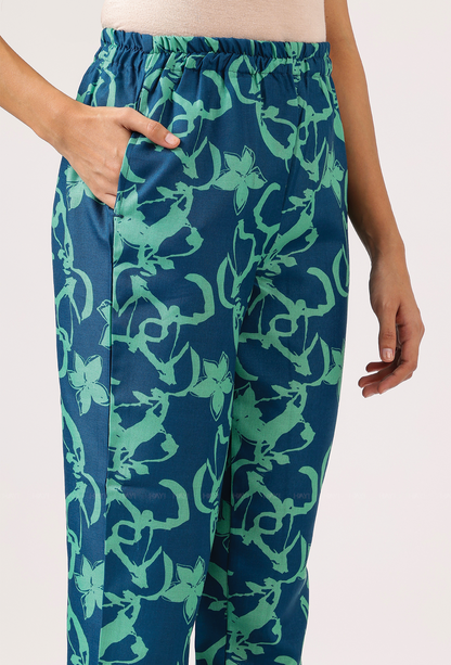 Cyan Teal Blue with Turquoise Petals printed Linen Blend Co ord set