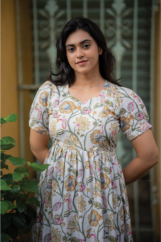 Zarika Beige floral printed Maternity and Feeding Cotton Blend Dress