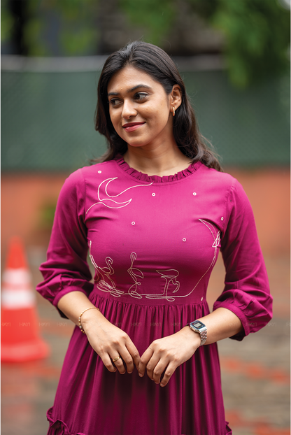 Moonlit Swans Violet Viscose Dress with Frill Neck & Embroidered Yoke