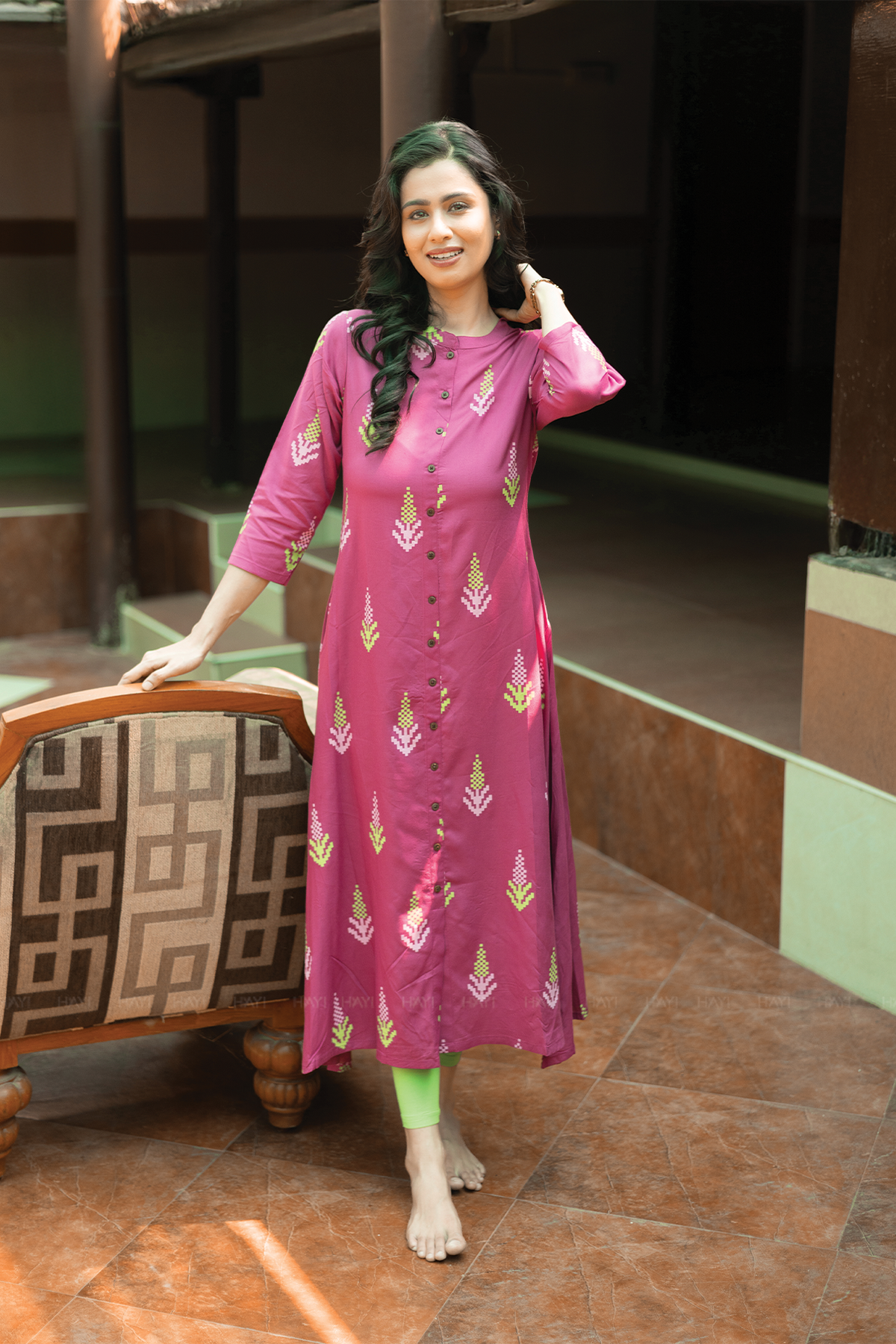 Heritage Glow Violet Viscose A-line Kurta with Chinese Collar neck & 3/4th Sleeves