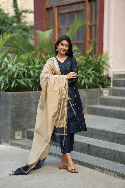 Neelika Navy 3 Piece Viscose Jacquard Weave Kurta with Pant & Dupatta