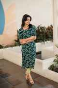 Pinecone Teal Blue Viscose Blend Kurti with Pot Neck & Puff Sleeves