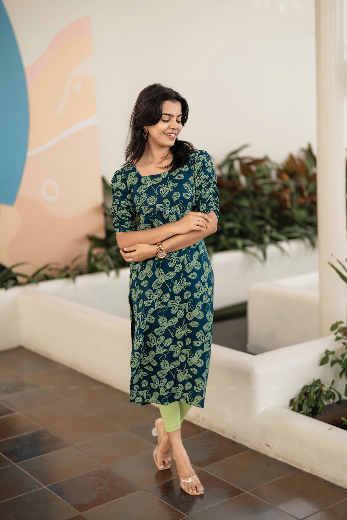 Pinecone Teal Blue Viscose Blend Kurti with Pot Neck & Puff Sleeves