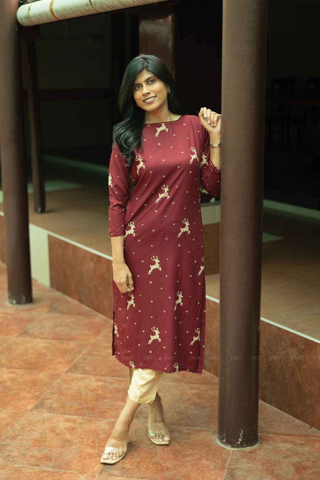 Tulip Cascade Wine Viscose Kurti with Boat Neck & 3/th Sleeves
