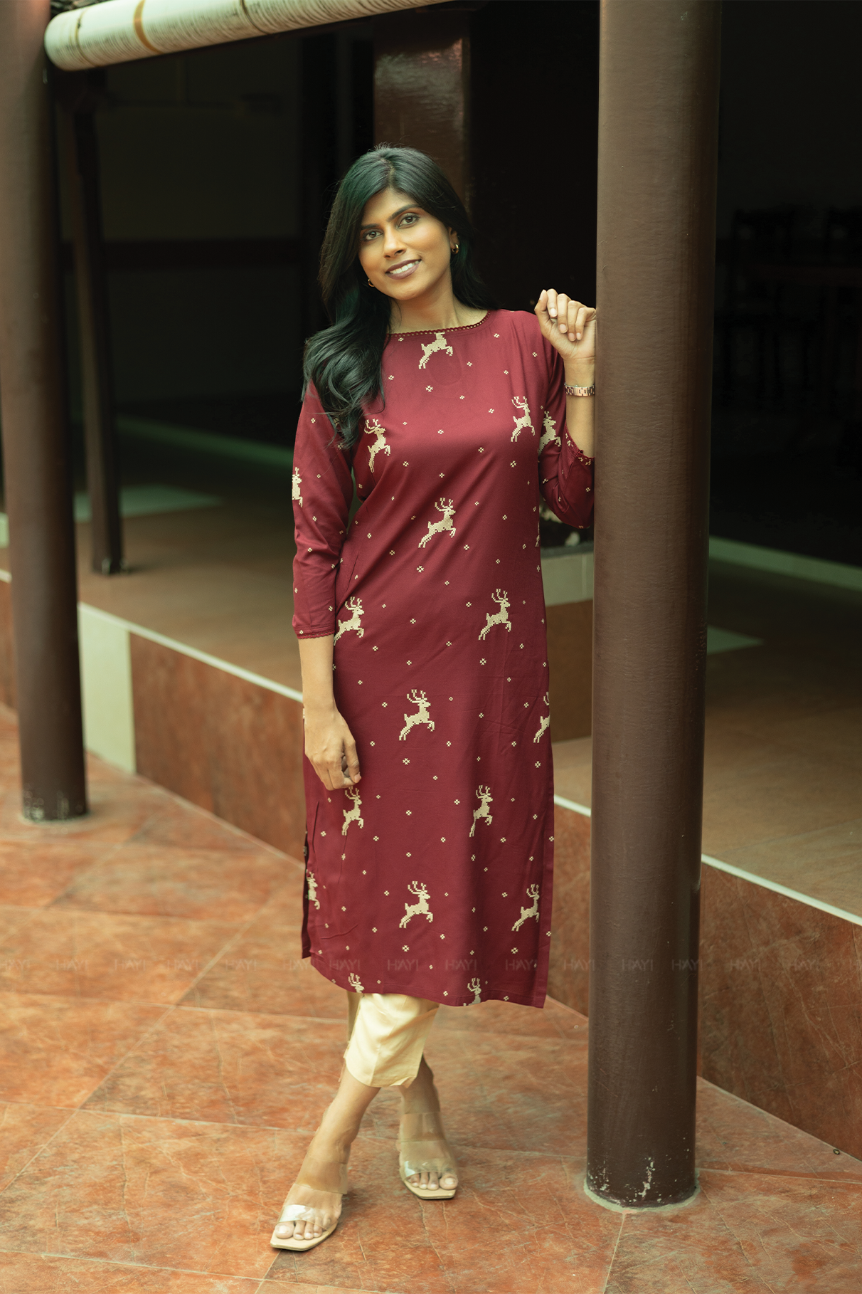 Tulip Cascade Wine Viscose Kurti with Boat Neck & 3/th Sleeves
