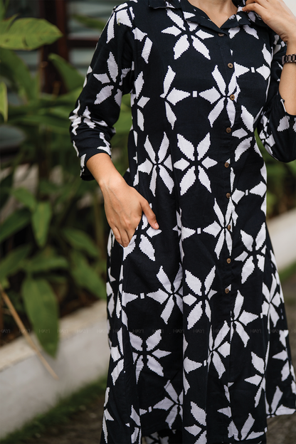 Charcoal Charm Black Cotton Flex Co-ord with Shirt Collar & Elbow sleeves