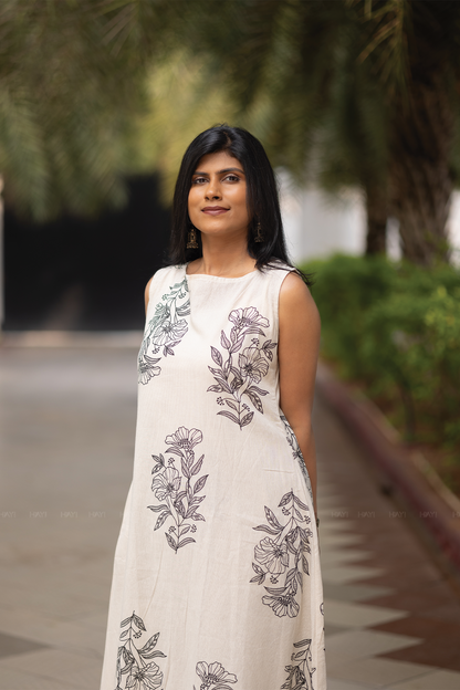 Floralink Beige Cotton Co-ord with Close neck & Attached 3/4th sleeves
