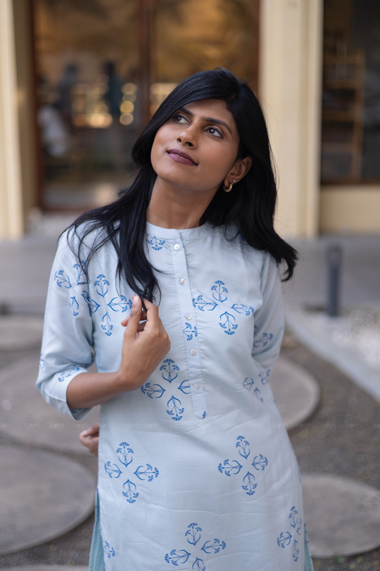 Willow Mist Blue Viscose Co-ord with Chinese Collar & 3/4th sleeves