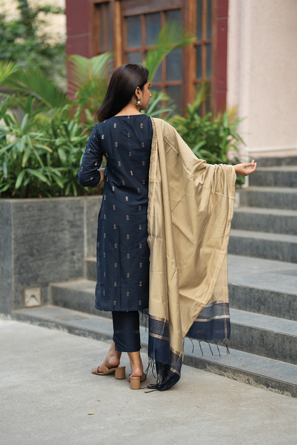Neelika Navy 3 Piece Viscose Jacquard Weave Kurta with Pant & Dupatta