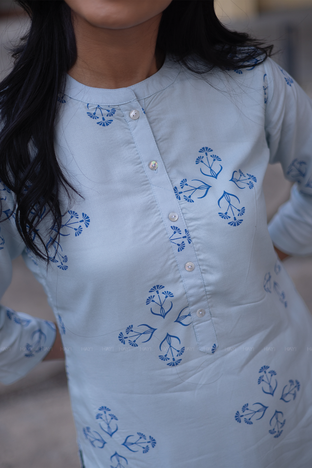 Willow Mist Blue Viscose Co-ord with Chinese Collar & 3/4th sleeves