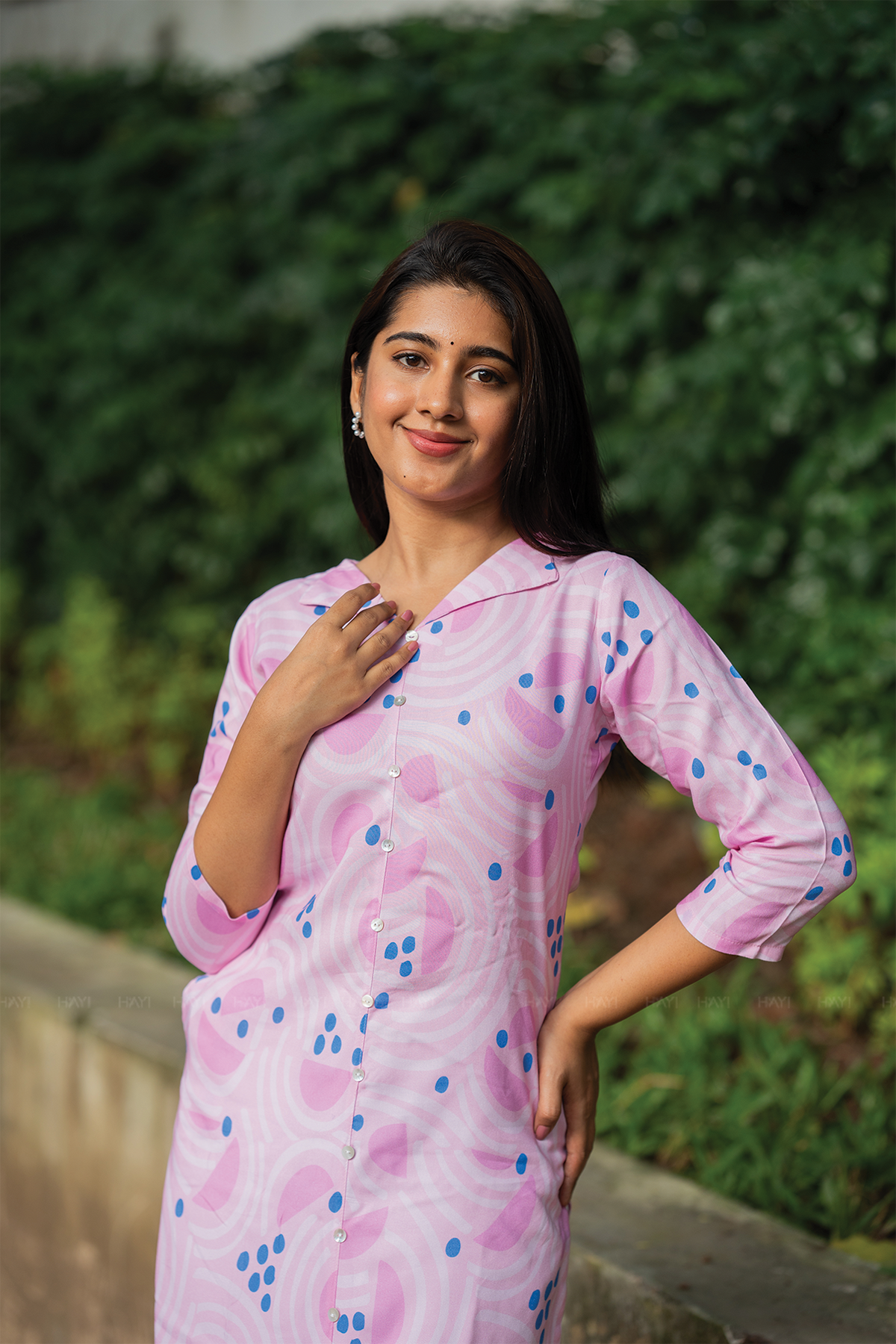 BreezeLine Pink Viscose Kurta with V-Flap Collar Neck & 3/4 Sleeves