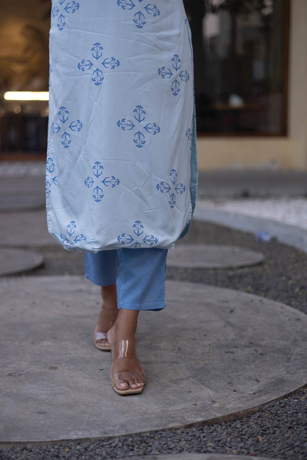 Willow Mist Blue Viscose Co-ord with Chinese Collar & 3/4th sleeves