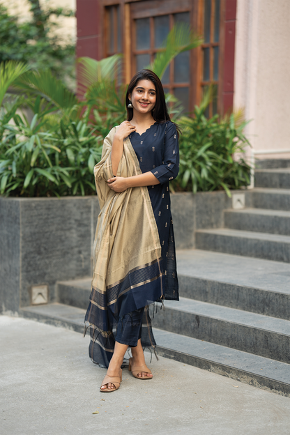 Neelika Navy 3 Piece Viscose Jacquard Weave Kurta with Pant & Dupatta