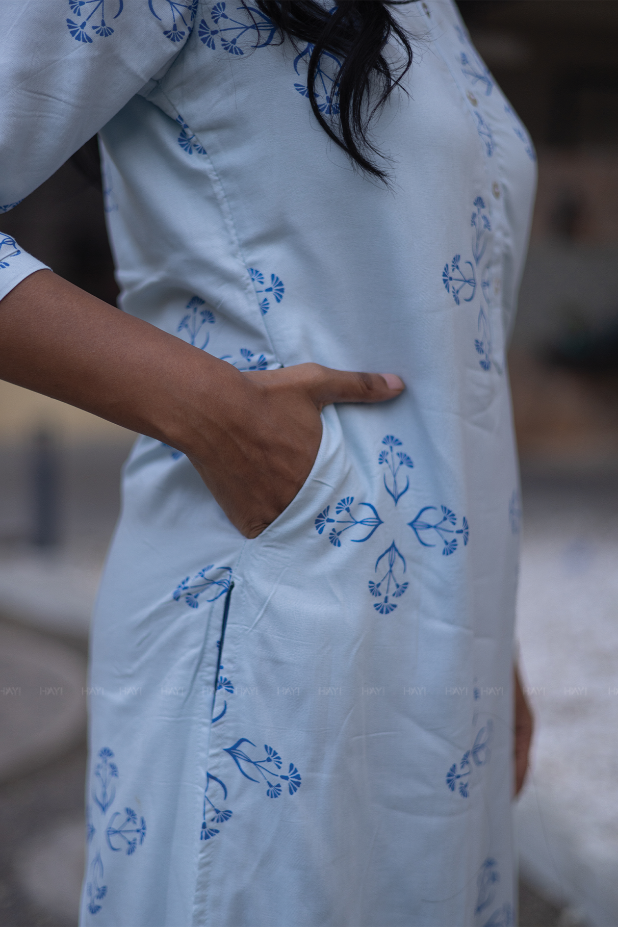 Willow Mist Blue Viscose Co-ord with Chinese Collar & 3/4th sleeves