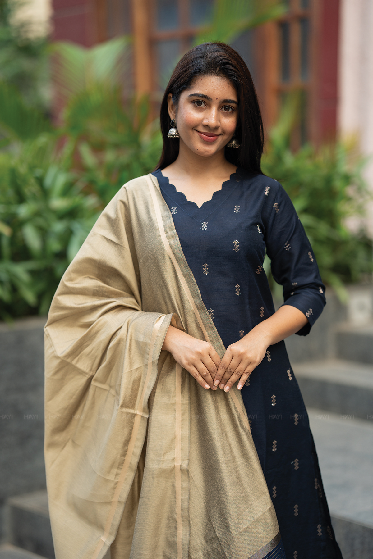 Neelika Navy 3 Piece Viscose Jacquard Weave Kurta with Pant & Dupatta