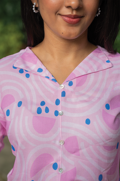 BreezeLine Pink Viscose Kurta with V-Flap Collar Neck & 3/4 Sleeves