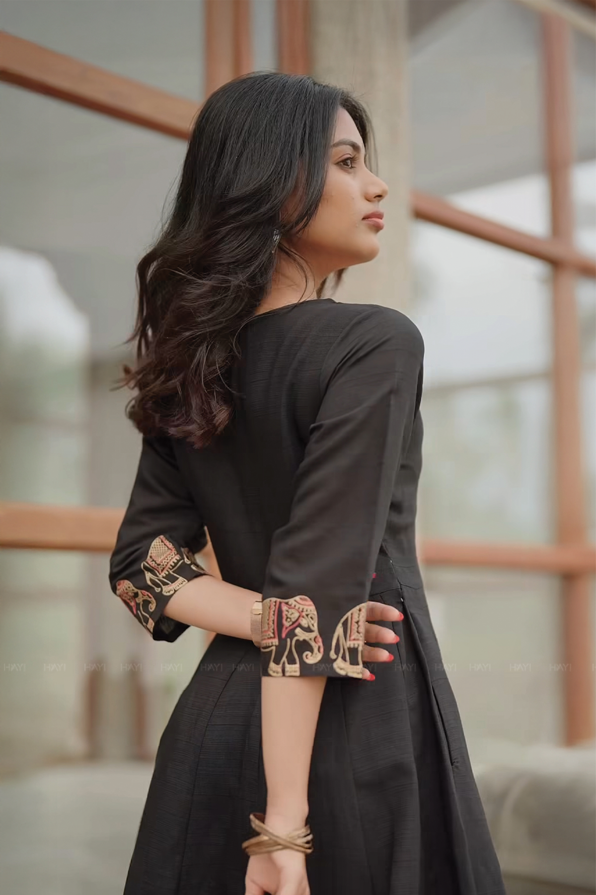 Elephora Black Viscose Foil Printed Anarkali with V-Neck & 3/4 Sleeves