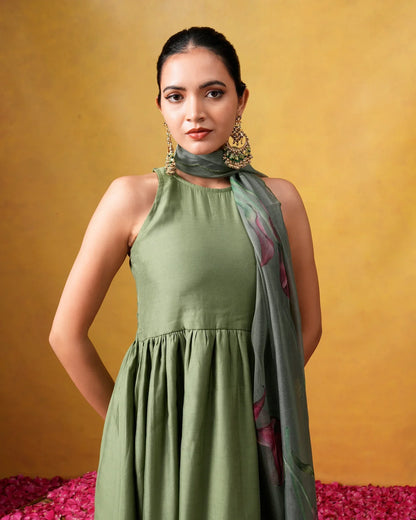 Bhumi Sleeveless Green Flared Suit Set with Organza Dupatta