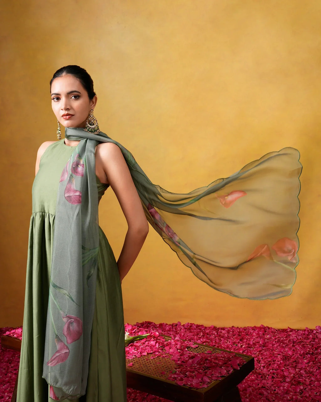 Bhumi Sleeveless Green Flared Suit Set with Organza Dupatta