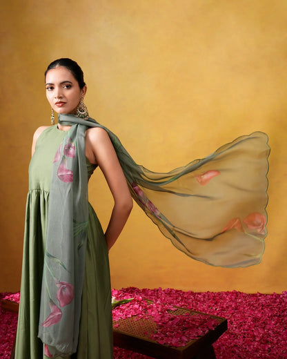 Bhumi Sleeveless Green Flared Suit Set with Organza Dupatta